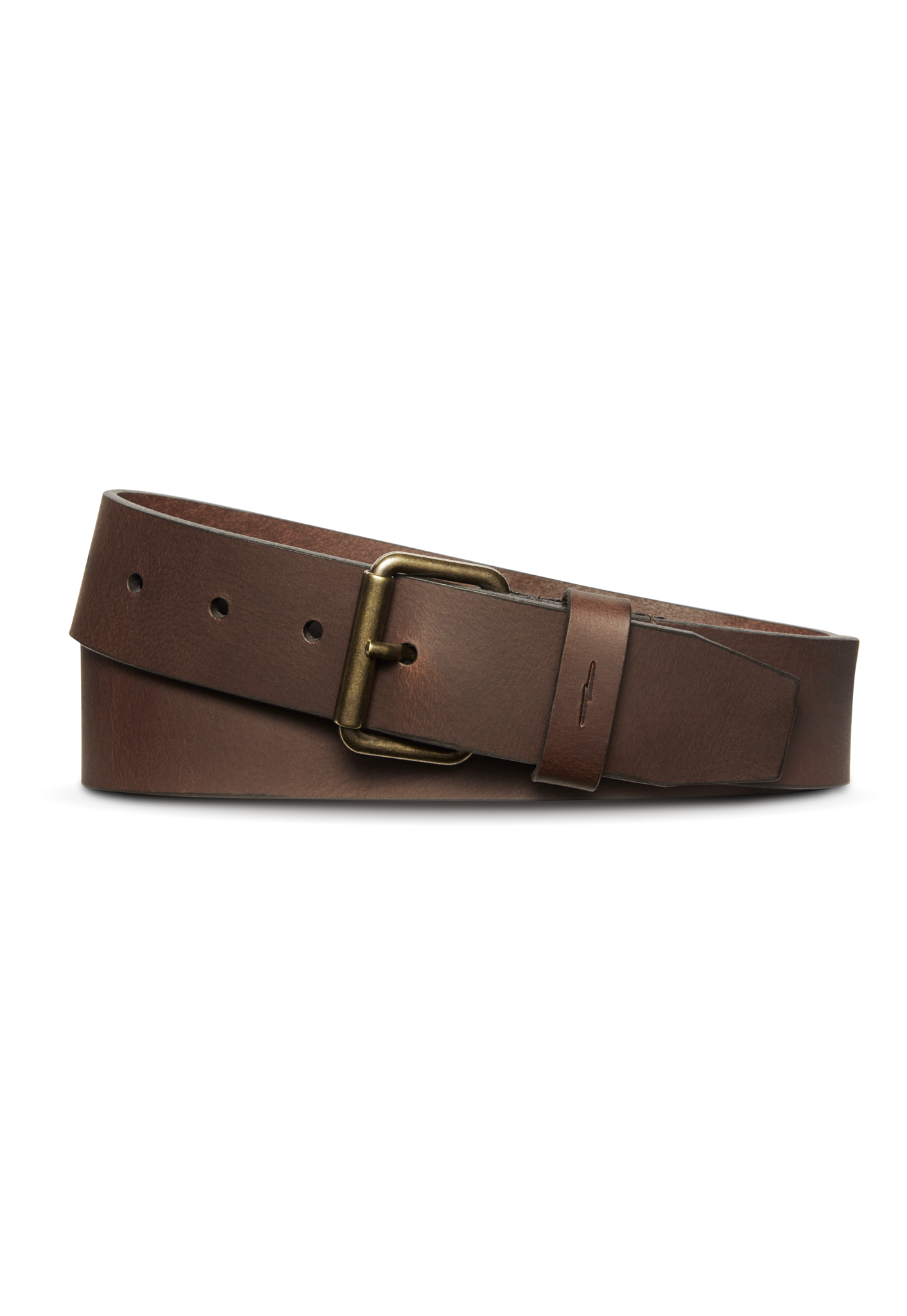 The Shinola 1 1/2" Rambler Belt in dark brown features bridle leather, a brass buckle, multiple adjustment holes, and a classic handcrafted design—an enduring accessory shown against a white background.