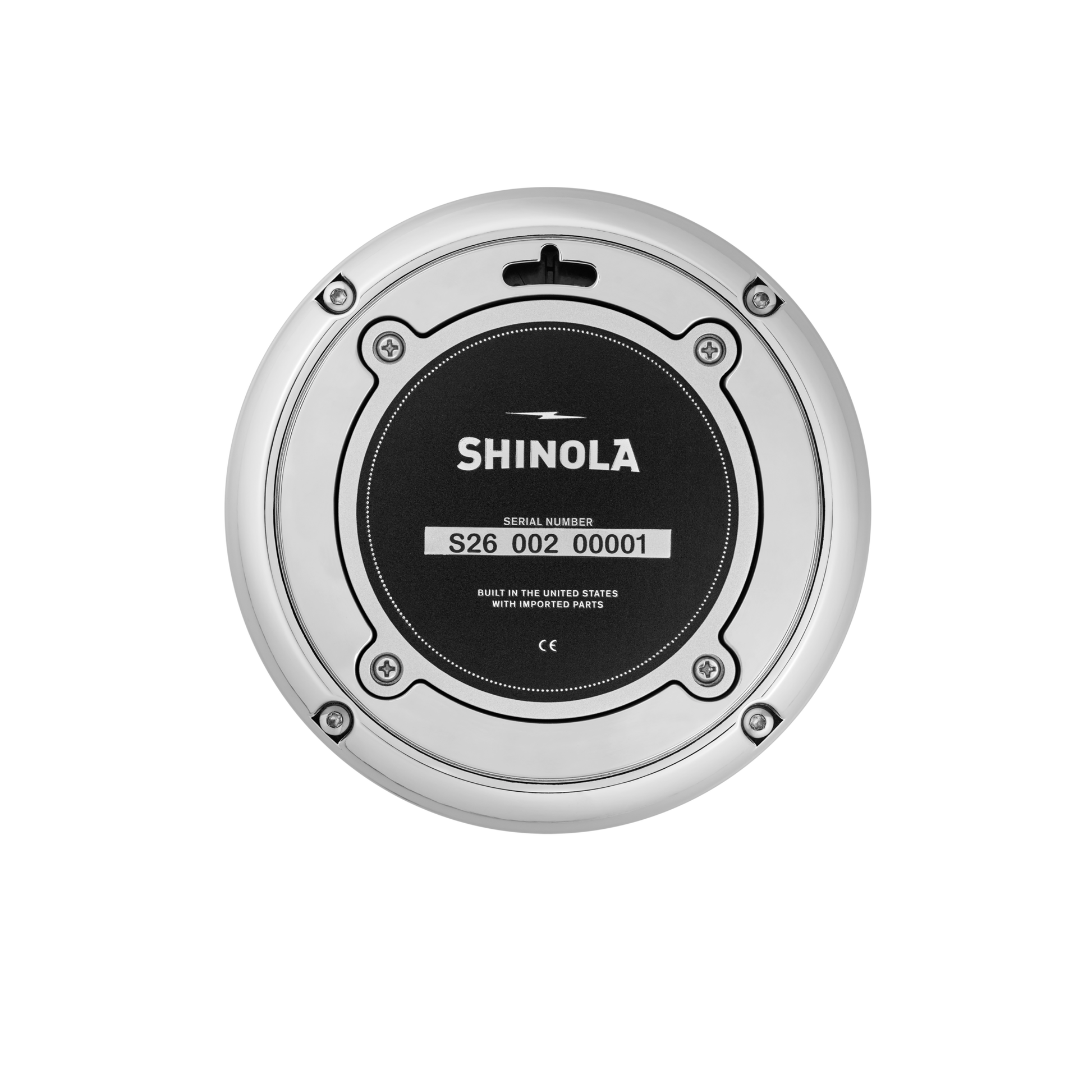 The Shinola 6" Runwell Clock - White is a round, silver piece from Detroit featuring a black center with the brand name, serial number S26 002 00001, USA-built text with imported parts, and four screws lining its edge.