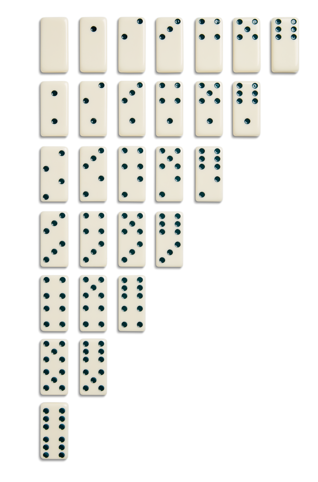 The Shinola Dominoes Set - Cream / Blue features 28 hand-painted tiles arranged in a triangle, starting with a single blank and expanding to show every combination from blank-blank to double-six.