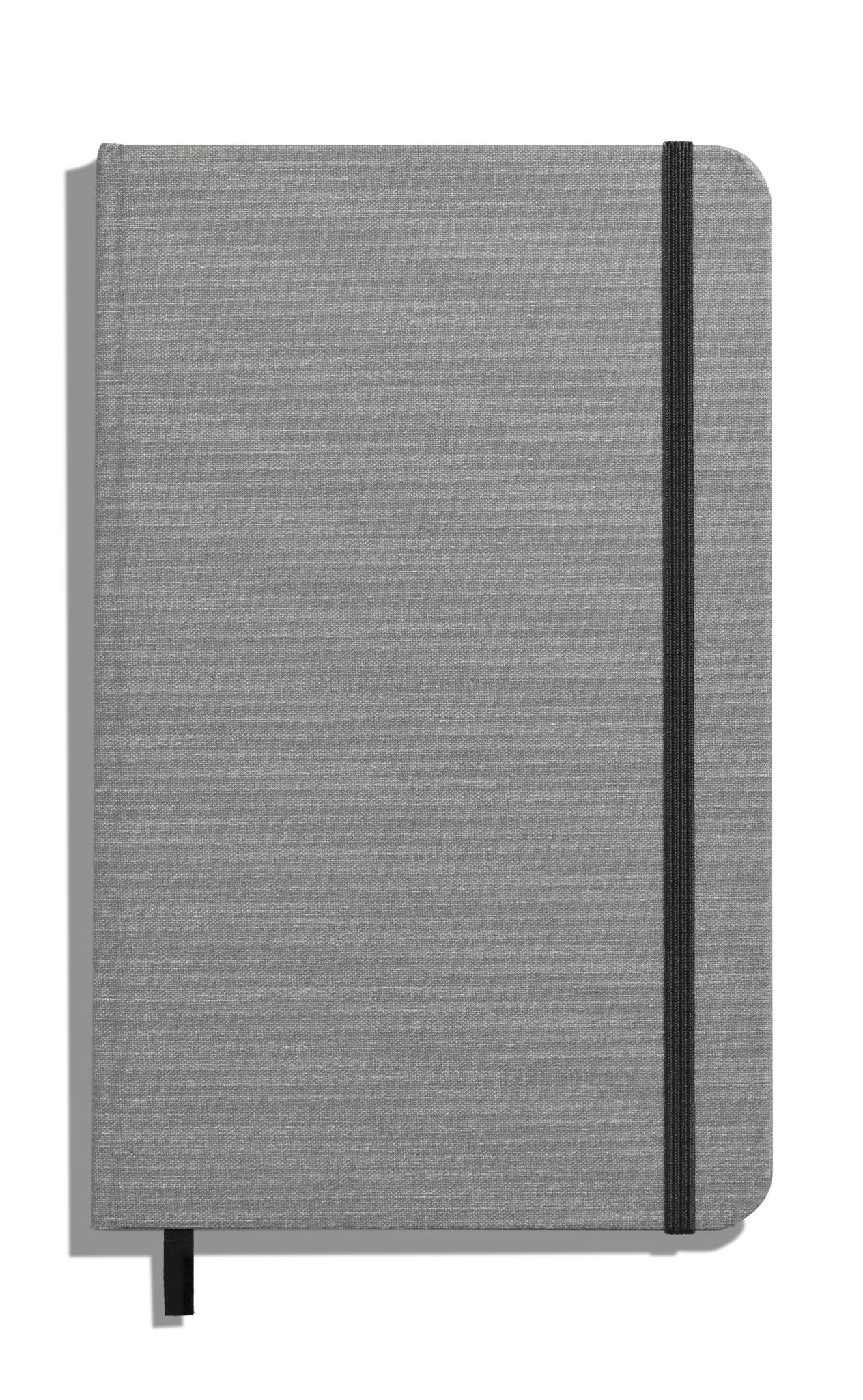 The Shinola Medium Hard Ruled Journal - Stone, a closed gray fabric-covered linen journal with acid-free paper, features a black elastic band and ribbon bookmark, shown on a white background.