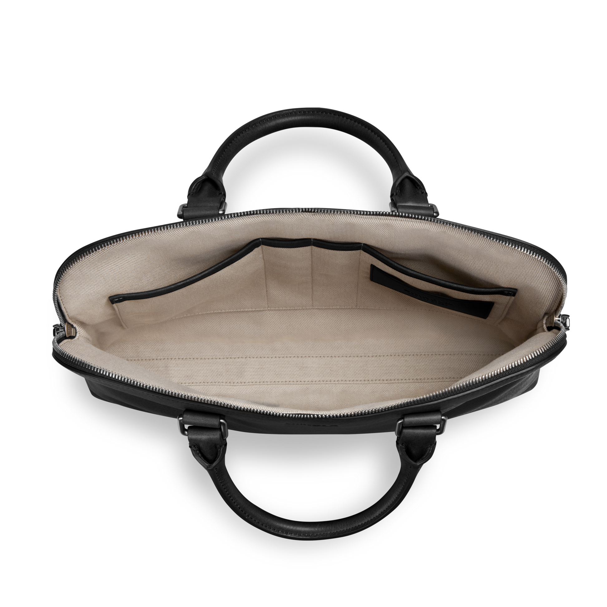 Top view of the Shinola Portfolio Briefcase - Black: a slim, laptop-style design with a beige interior, multiple inner pockets and compartments, pen slots, and a zippered pocket.