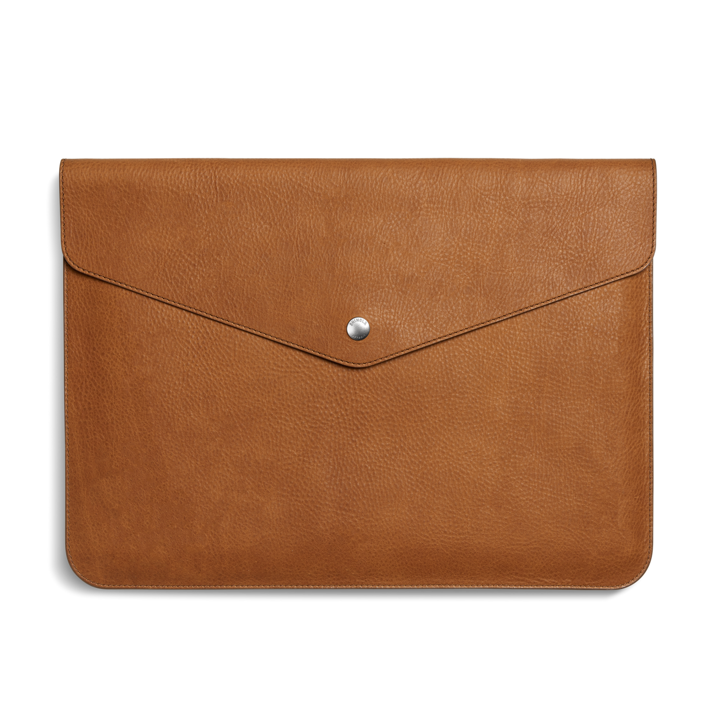 The Shinola Laptop Sleeve - Tan is crafted from natural grain leather, features a flap closure with a centered silver button, and includes an interior leather card pocket for convenience.
