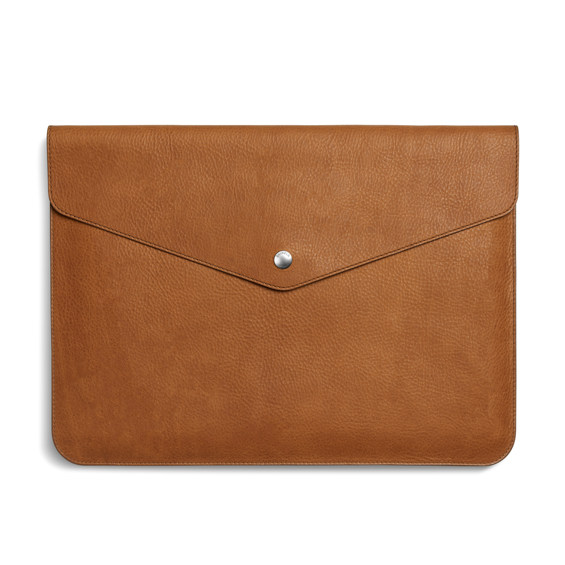 The Shinola Laptop Sleeve - Tan is crafted from natural grain leather, features a flap closure with a centered silver button, and includes an interior leather card pocket for convenience.
