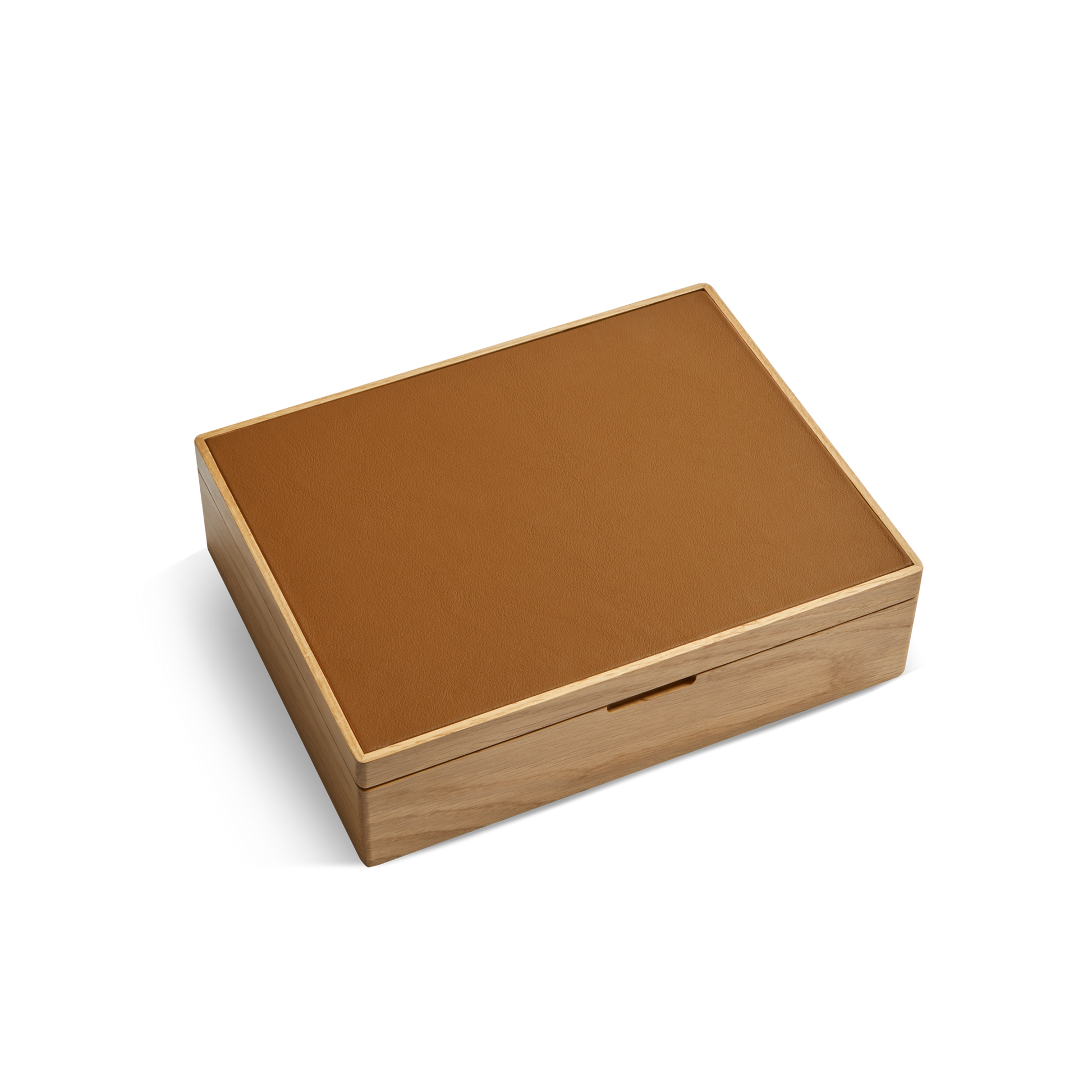 The Shinola 8 Slot Watch Box in Oak/Tan features a rectangular wooden design with a flat tan leather top, smooth edges, and a front notch for easy opening—perfect for elegant watch storage. It is displayed on a plain white background.