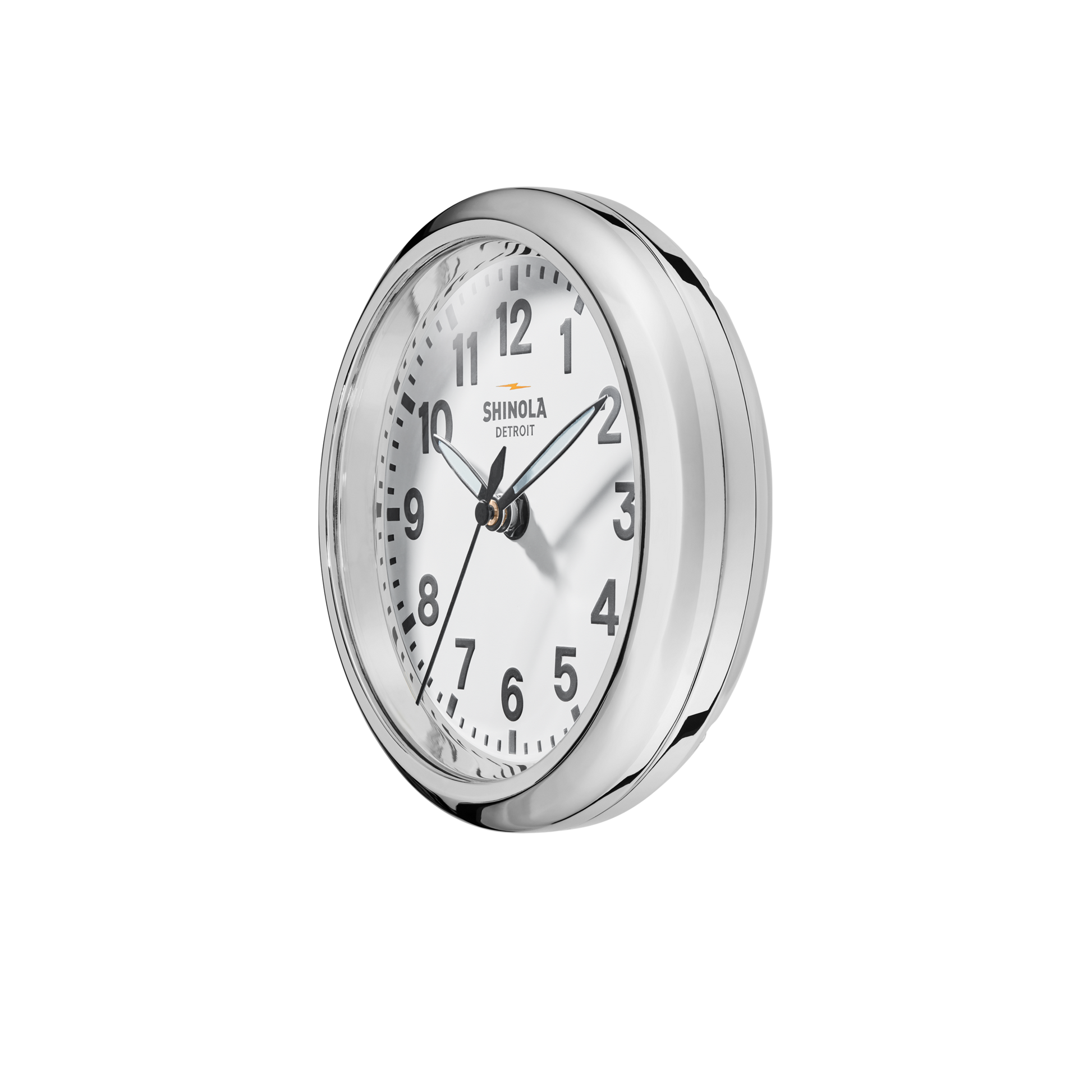 The Shinola 6" Runwell Clock - White is shown against a plain white background, featuring a silver case, white face, black numbers and black hands set at 1:53.