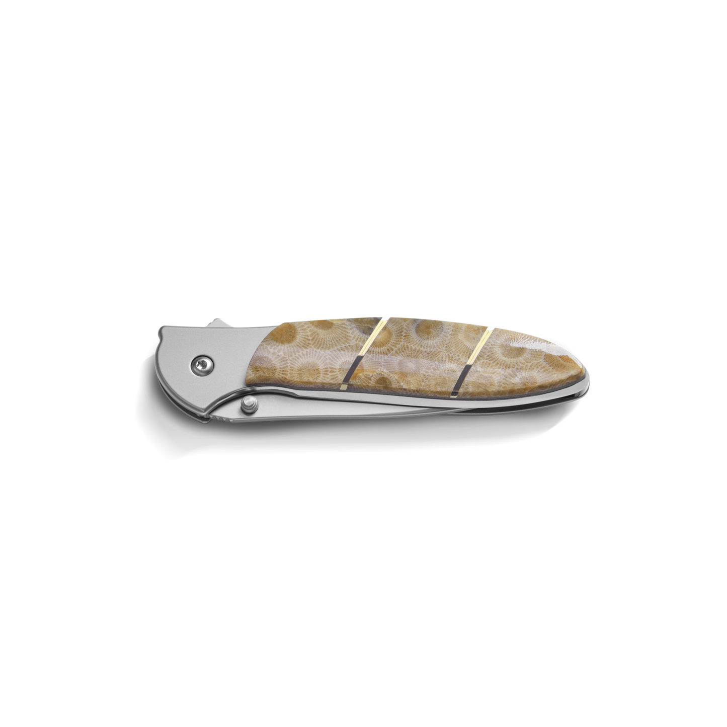 The Shinola + Kershaw Petoskey Stone Pocket Knife - Petoskey features a closed design with a tan and cream patterned handle accented by two gold bands, inspired by the unique look of a Petoskey Stone. Shown on a plain white background.