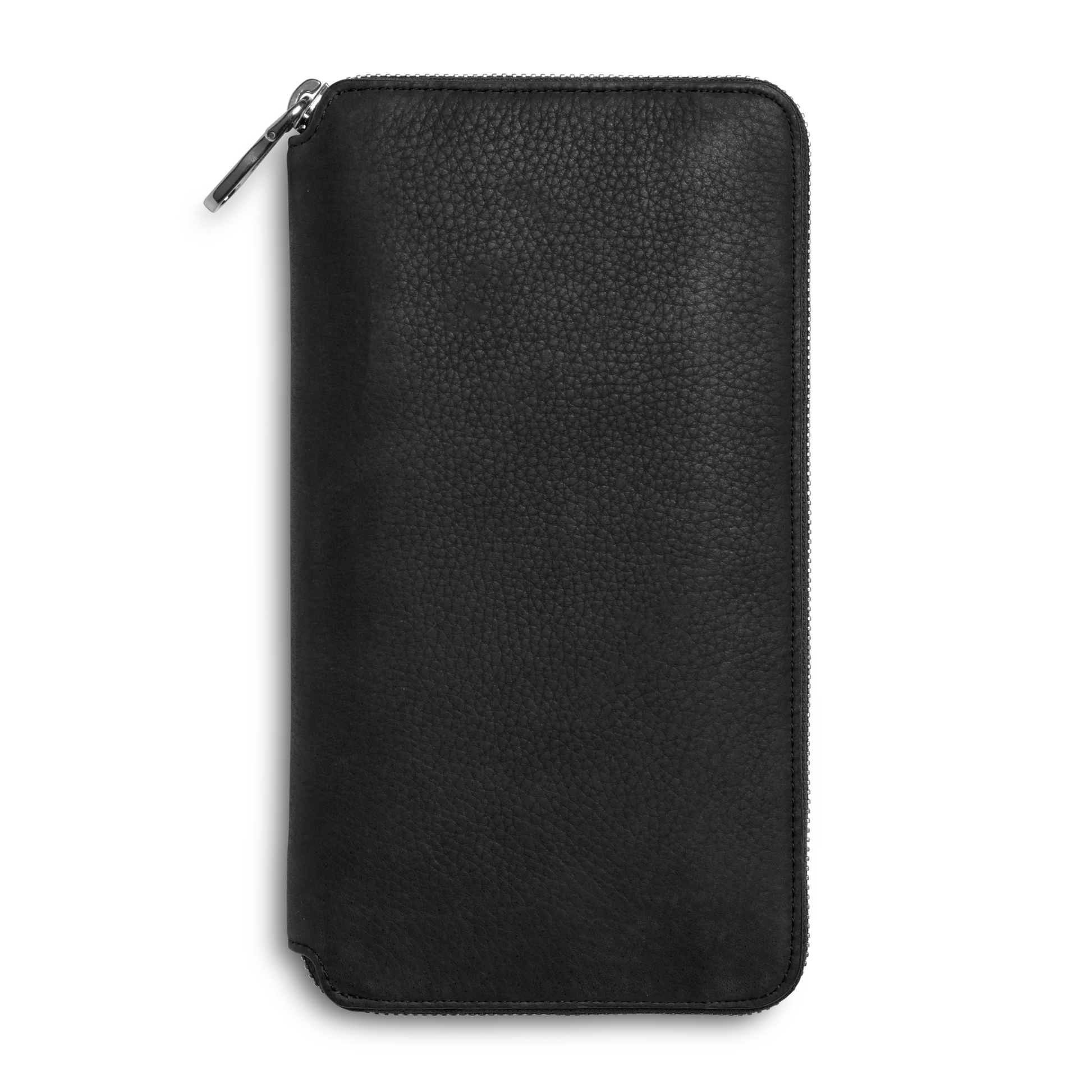 The Shinola Organizer Wallet - Black is a rectangular, natural grain leather zippered wallet with rounded edges and a textured finish, displayed closed against a white background.