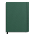 The Shinola Large Hard Ruled Journal - Fern features a closed green hardcover, styled like a linen journal, with a black elastic band on the top right corner, a black ribbon bookmark at the bottom, and an unmarked plain cover.