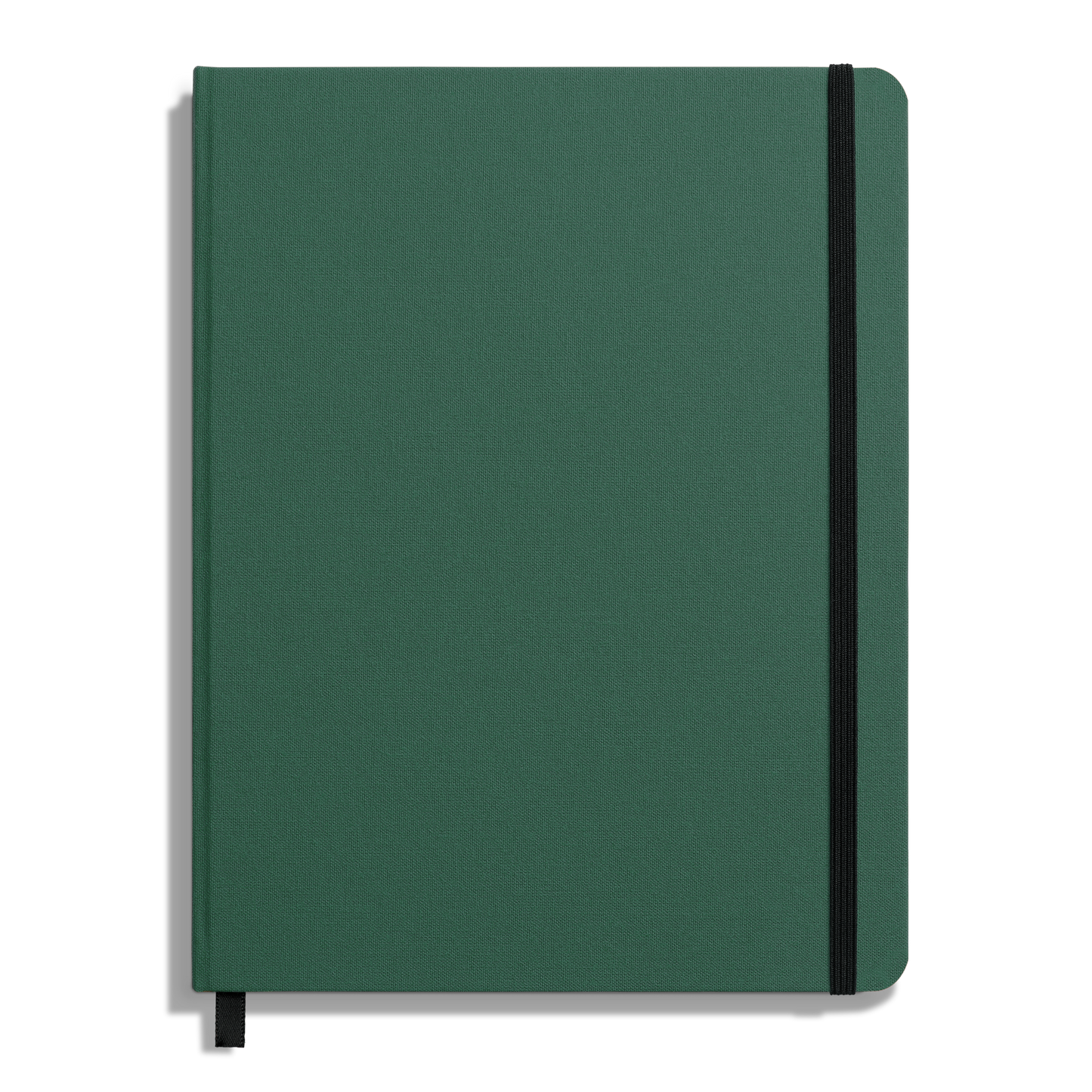 The Shinola Large Hard Ruled Journal - Fern features a closed green hardcover, styled like a linen journal, with a black elastic band on the top right corner, a black ribbon bookmark at the bottom, and an unmarked plain cover.