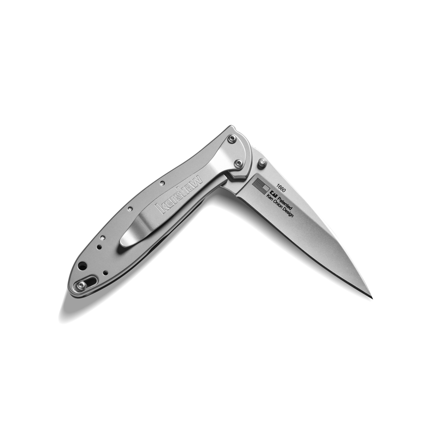 The Shinola + Kershaw Petoskey Stone Pocket Knife - Petoskey, by Shinola, features a partially open blade and sleek stainless steel handle with a metallic finish, displayed on a plain white background.