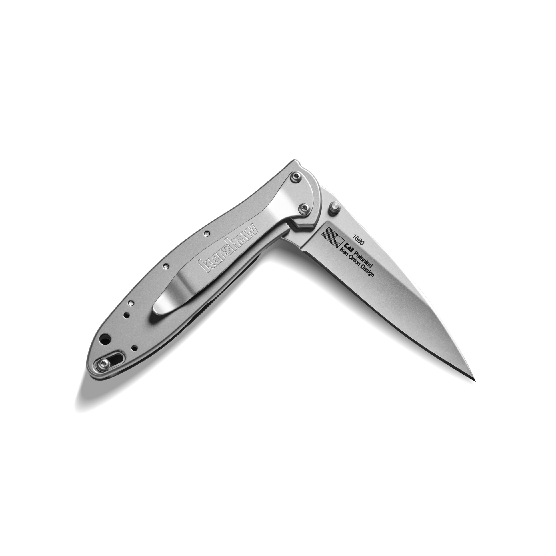 The Shinola + Kershaw Petoskey Stone Pocket Knife - Petoskey, by Shinola, features a partially open blade and sleek stainless steel handle with a metallic finish, displayed on a plain white background.