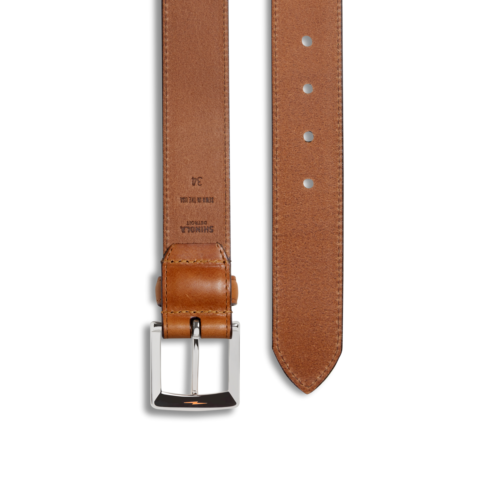 The Shinola 1 1/2" Bedrock Belt in Bourbon features silver-toned hardware with a shiny rectangular buckle, shown laid flat with one end square-cut and buckled, and the other pointed with five adjustment holes.