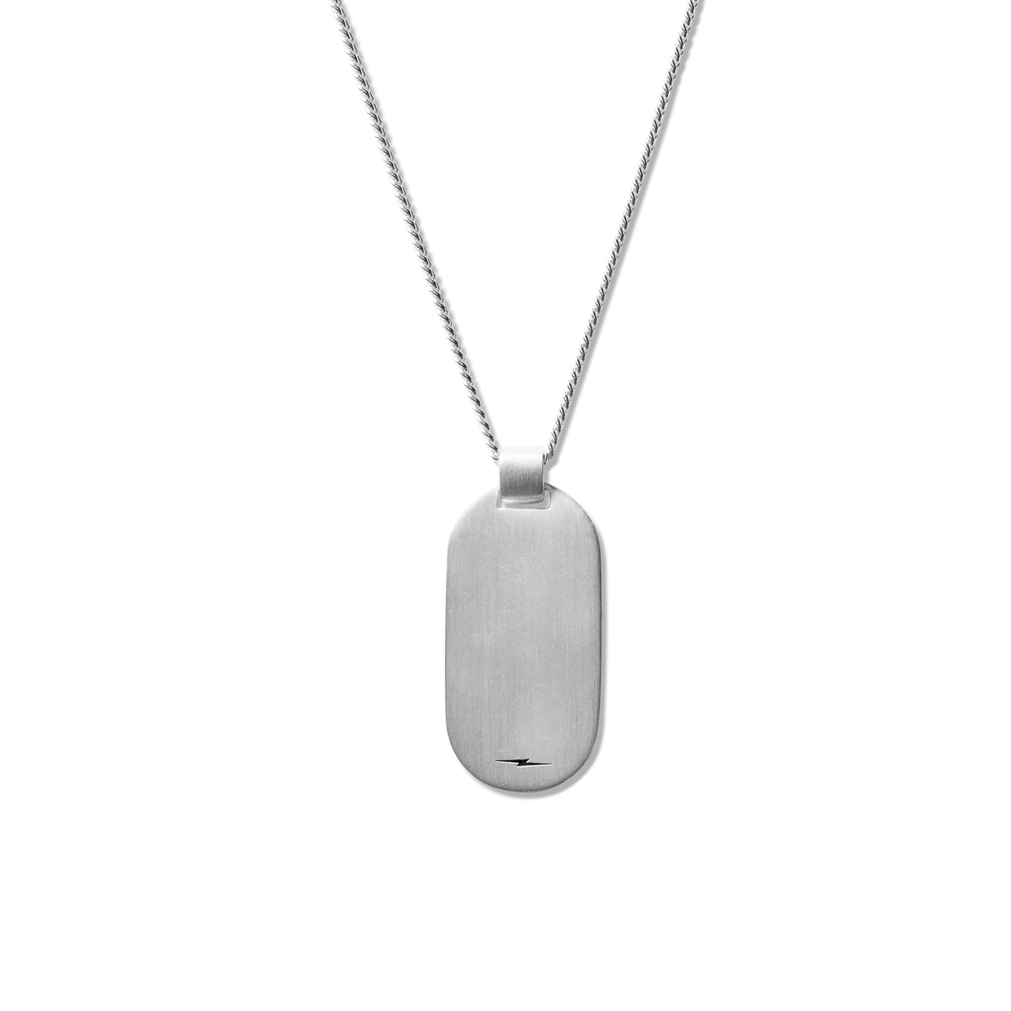 The Shinola Tag Curb Chain Necklace in sterling silver features a rectangular men's dog tag with rounded edges on a fine chain, showcased against a plain white background.