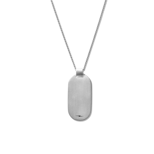 The Shinola Tag Curb Chain Necklace in sterling silver features a rectangular men's dog tag with rounded edges on a fine chain, showcased against a plain white background.