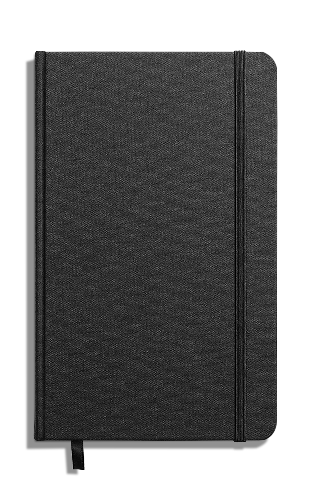 The Shinola Medium Hard Ruled Journal in black features a closed hardcover, Smyth-sewn binding, an elastic band on the right edge, and a black ribbon bookmark, all set against a white background.