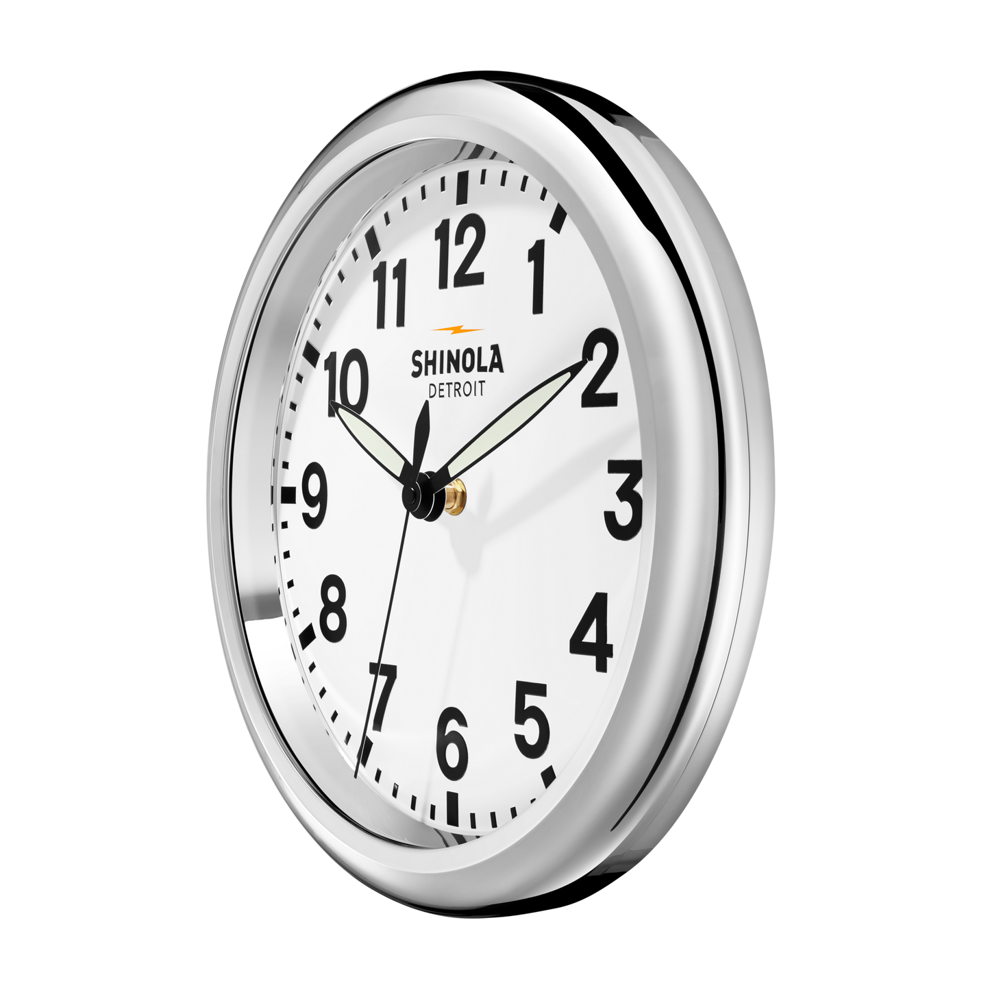 A 14" Runwell Clock by Shinola with a white face, black numbers and hands, chrome frame, and "Shinola Detroit" branding, shows 1:50.