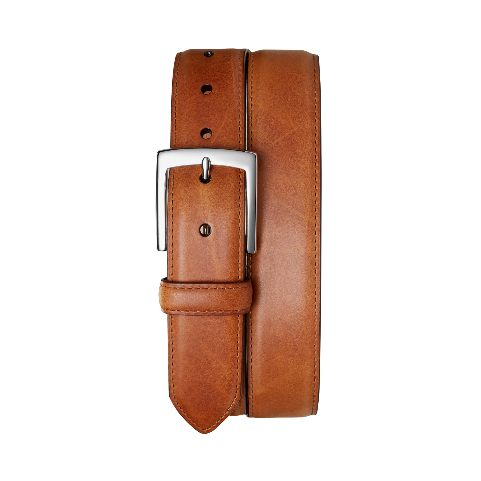 The Shinola 1 1/2" Bedrock Belt in Bourbon features silver-toned hardware, multiple holes, and visible edge stitching. Shown coiled on a white background.