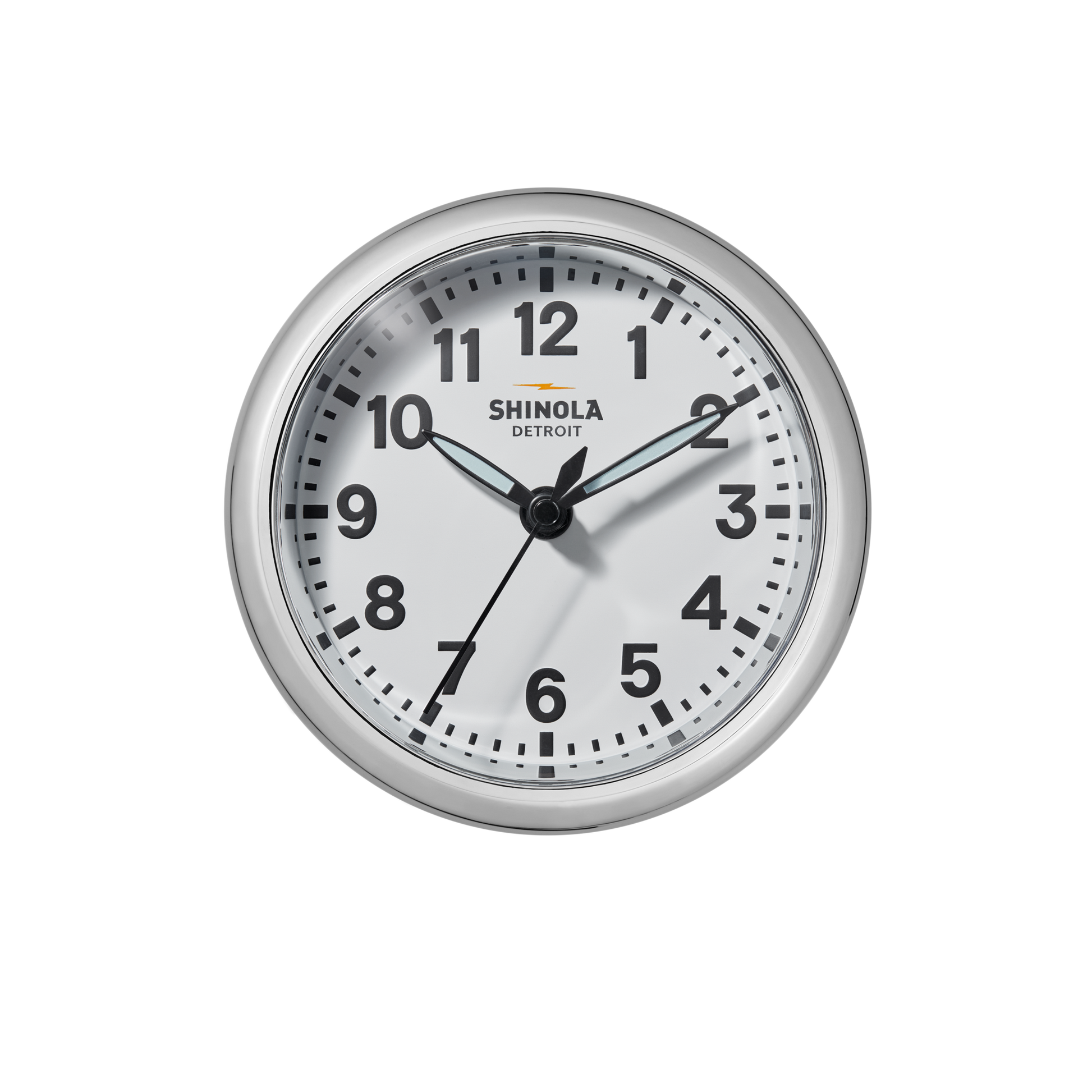 The 6" Runwell Clock - White by Shinola features a white face, black numbers and hands, silver frame, and Shinola branding. Inspired by the Runwell Desk Clock. Shown at 1:13:31 on a plain white background.