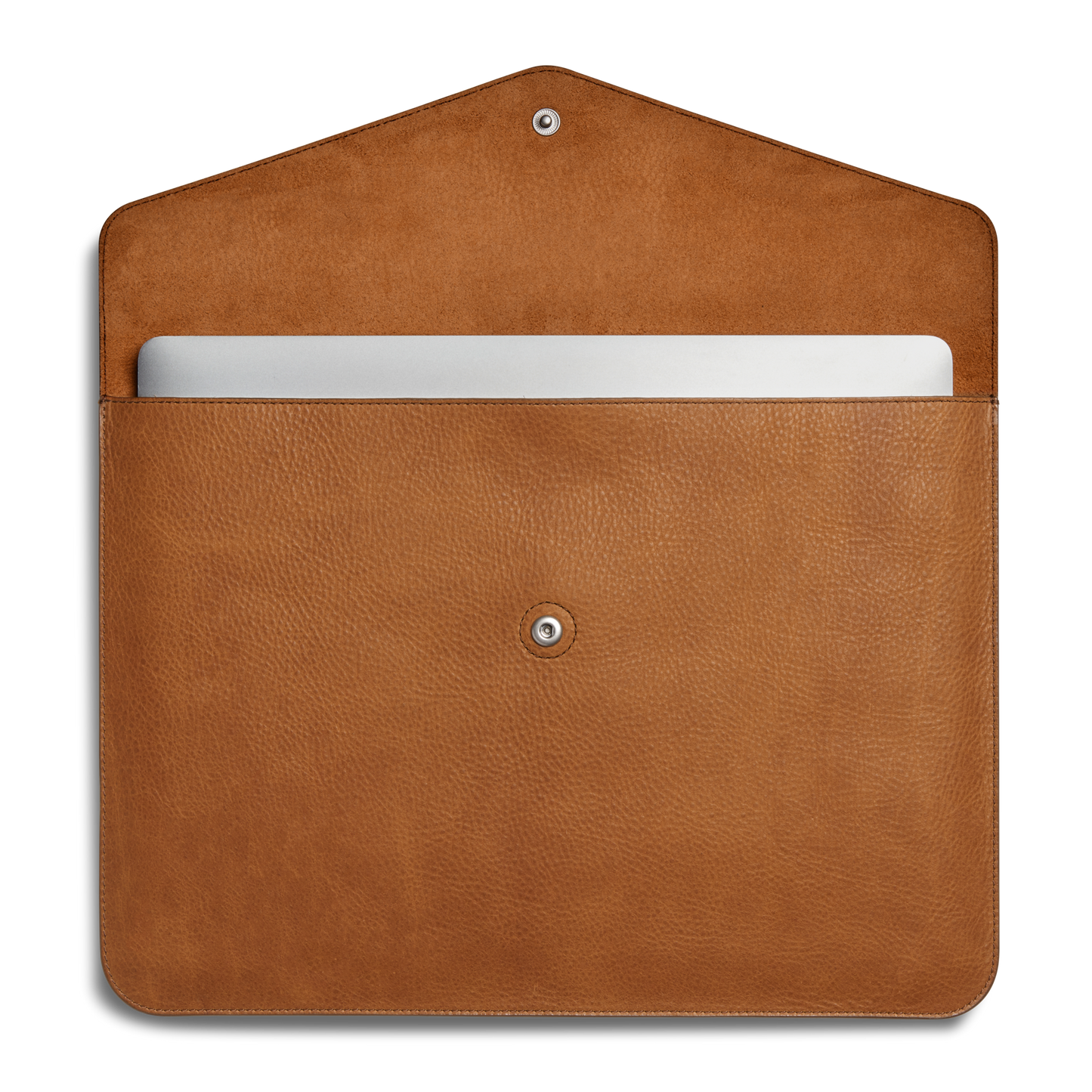 A Shinola Laptop Sleeve - Tan in natural grain leather with a silver snap button and card pocket lies flat on a white background, partially open to reveal a silver laptop inside.